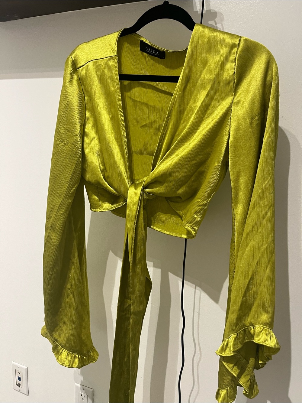 AKIRA Lime Green Satin Tie-Front Long Sleeve Crop Top